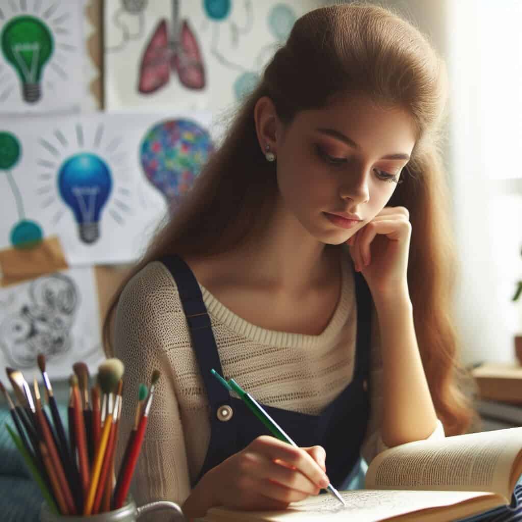 Kreatywna nastolatka spędzająca wolny czas na czytaniu książki
